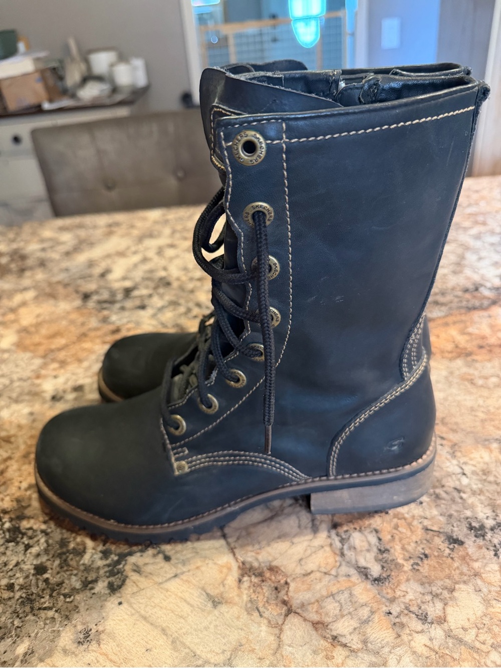 Skechers Black Lace-Up Combat Moto Boots